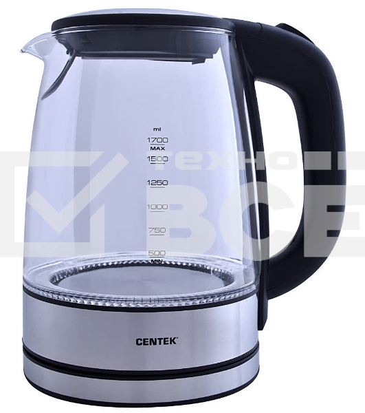 Чайник электрический Centek CT-0030 черный стекло 1.7 л, 2200 Вт, внутр. LED подсветка, защита от вкл б/воды