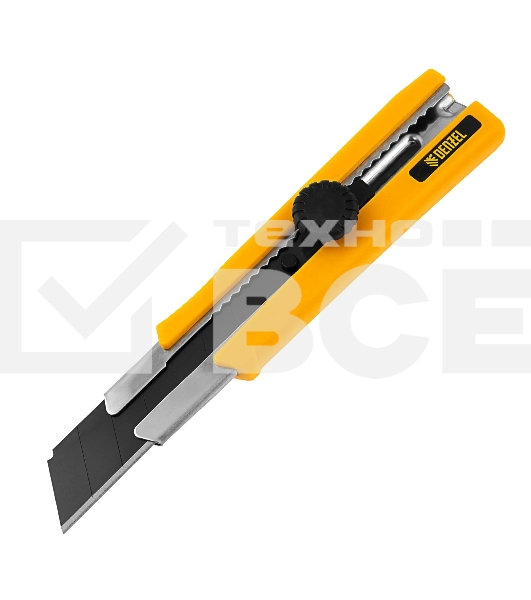 Нож Denzel 25 мм, сменное лезвие, SK4, корпус из TPR, метал. направляющая, винтовой фиксатор