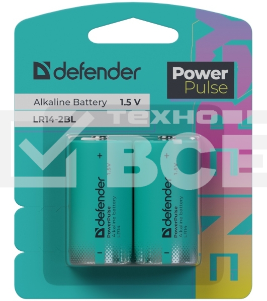 Батарейка алкалиновая Defender LR14-2BL С, блистер, 2 шт., PowerPulse