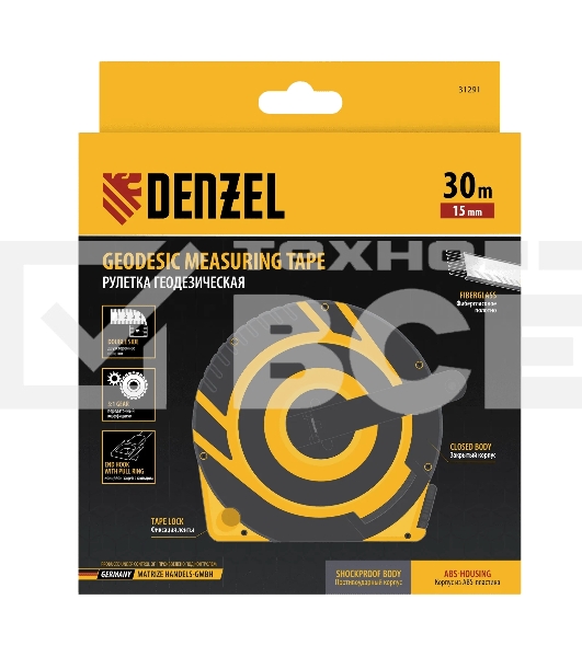 Рулетка геодезическая Denzel 30 м х 15 мм, закрытый корпус, фиберглассовая лента