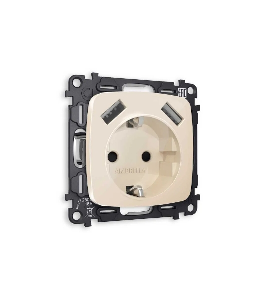 Комплект механизма электрической розетки OMEGA Бежевый глянец 2USB A+A 18W (быстрая зарядка) с/з QUANT (OP3090, VM155) MO309010