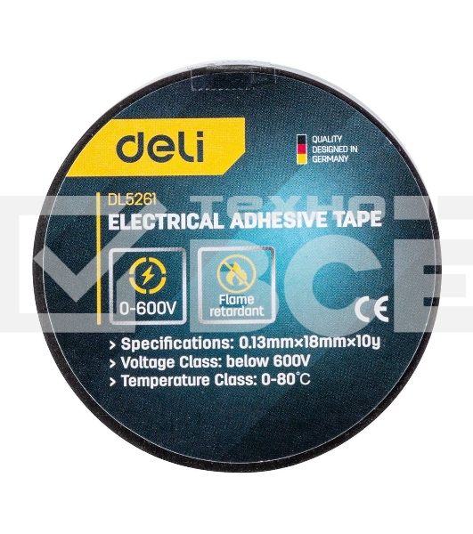 Изолента Deli DL5261 0,13 мм х 18 мм х 10 м Уровень напряжения: менее 600 В. Температурный рейтинг: 0-80. ПВХ.