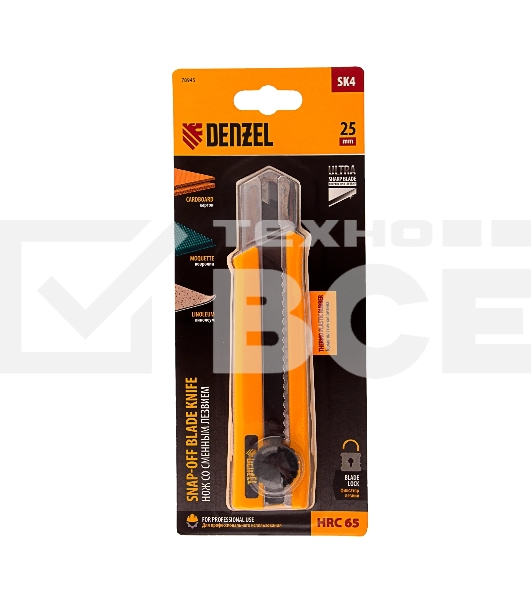 Нож Denzel 25 мм, сменное лезвие, SK4, корпус из TPR, метал. направляющая, винтовой фиксатор