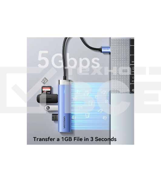 Сетевой адаптер Vention USB 3.0 M/Gigabit Ethernet RJ45+OTG хаб 3xUSB Синий - 0.15м.