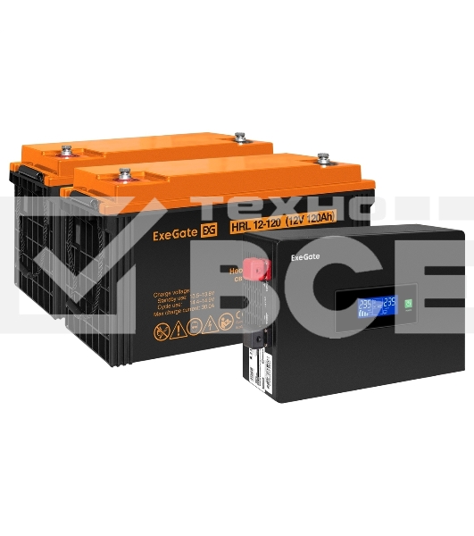 Комплект источника бесперебойного питания Exegate EX295994RUS + батарея 120Aч EX285657RUS 2шт (инвертор, синус, для котла, PF=1, настенный) ExeGate IdealSine SR-1500.LCD.2SH 1500VA/1500W, чистая синусоида, цветной LCD-дисплей, 2*Schuko, крепление настенно
