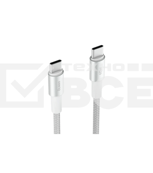 Кабель OLMIO MASTER, Type-C - Type-C, 60W 3A, 1.2м, тканевая оплетка, белый