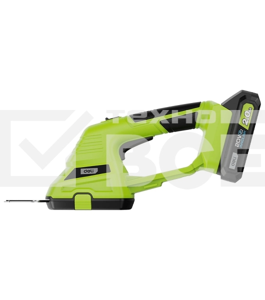 Ножницы-кусторез аккумуляторные Deli DG621-1 (1АКБ*2А·ч + ЗУ, 20V), макс. толщина реза 8мм, макс. частота хода лезвия 1200об/мин, ширина обработки травы 10 см, длина насадки для кустовых пород 20 см