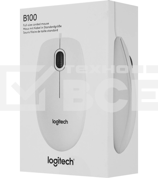 Мышь проводная Logitech B100 белый, 1000 dpi, USB, кнопки - 3
