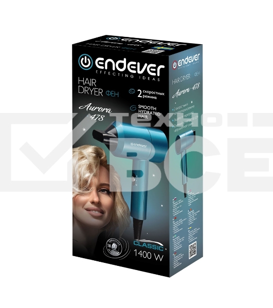 Фен Endever Aurora-478, 1400 Вт, 2 скоростных режима, защита от перегрева, длина шнура 1,8 м