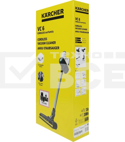 Пылесос вертикальный/ручной Karcher VC 6 Cordless ourFamily белый/чёрный, питание от аккумулятора, 250 Вт, уборка сухая, пылесборник 0.8 л, работа от АКБ max - 50 мин