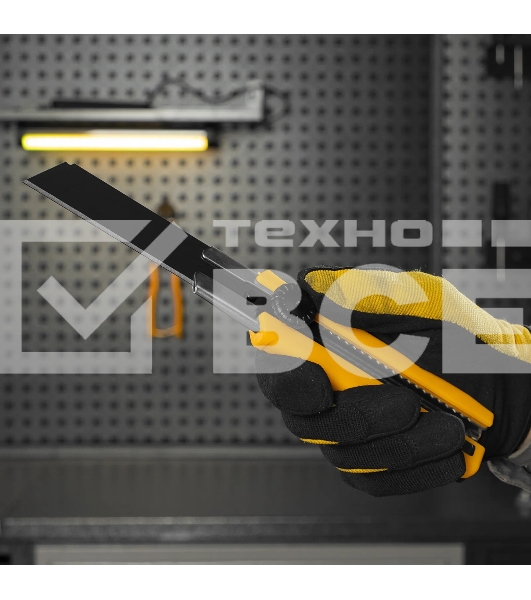 Нож Denzel 25 мм, сменное лезвие, SK4, корпус из TPR, метал. направляющая, винтовой фиксатор