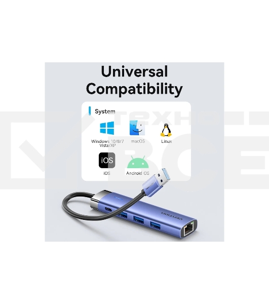 Сетевой адаптер Vention USB 3.0 M/Gigabit Ethernet RJ45+OTG хаб 3xUSB Синий - 0.15м.