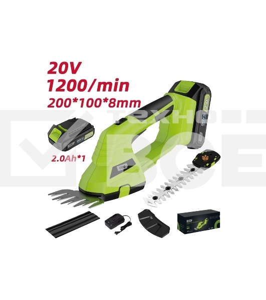 Ножницы-кусторез аккумуляторные Deli DG621-1 (1АКБ*2А·ч + ЗУ, 20V), макс. толщина реза 8мм, макс. частота хода лезвия 1200об/мин, ширина обработки травы 10 см, длина насадки для кустовых пород 20 см