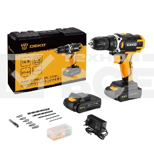 Дрель-шуруповерт аккумуляторная Deko Sharker 16V в кейсе + набор 63 инструмента для дома, 16В, 2х1.5Ач