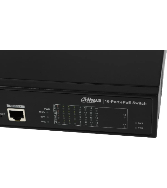 Коммутатор Dahua DH-LR2218-16ET-240, 16×100 Мбит/с + 2×1 Гбит/с, управляемый