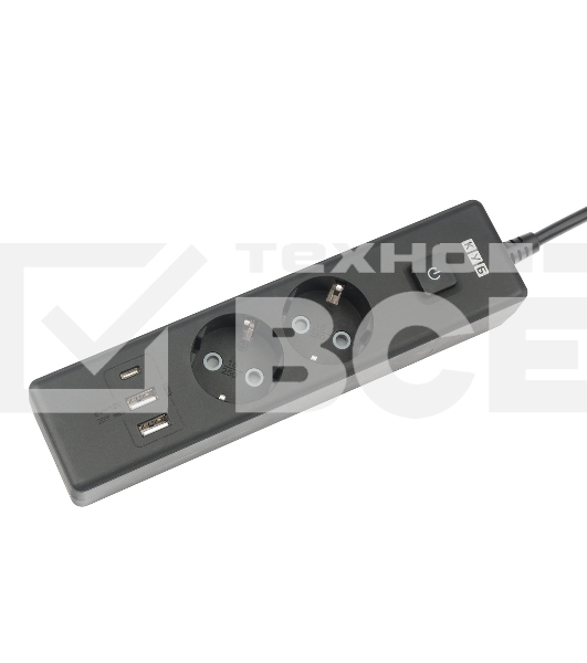 Бытовой удлинитель PowerCube, 2р с/з вык.,3USB, 3500 Вт, 16А, 1.9 м, 3*1,0 (черный) PC-5B-2M