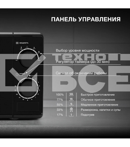 Микроволновая печь Hyundai HYM-M2096 черный, 20 л, 700 Вт, переключатели - поворотный механизм