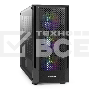 Компьютерный корпус Miditower ExeGate EVO-8227 (ATX, без БП, 2хUSB+1хUSB 3.0+HD Audio, черный, 3 вент. с RGb подсветкой, боковая панель - закаленное стекло)
