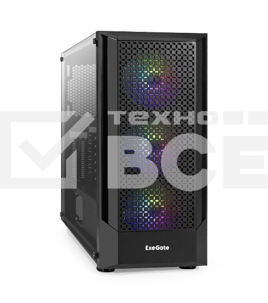 Компьютерный корпус Miditower ExeGate EVO-8227 (ATX, без БП, 2хUSB+1хUSB 3.0+HD Audio, черный, 3 вент. с RGb подсветкой, боковая панель - закаленное стекло)