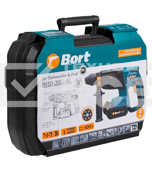 Перфоратор аккумуляторный Bort BHD-20Li-BL (2x4,0А.ч) (93412697) Напряжение аккумуляторной батареи 20 В; Двигатель Бесщеточный двигатель; Энергоемкость аккумуляторной батареи 4 А·ч; Тип аккумуляторной батареи Li-Ion; Скорость холостого хода ...1200 об/мин