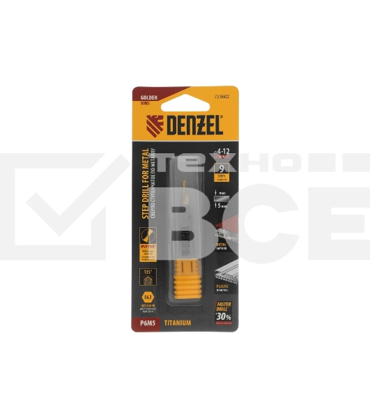 Сверло ступенчатое Denzel 4-5-6-7-8-9-10-11-12 мм, Р6М5, 6-гр. хвостовик 723602