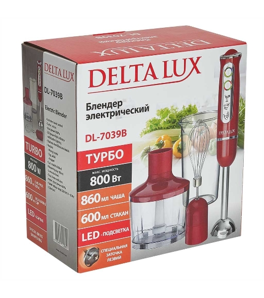 Блендер погружной Delta Lux DL-7039B красный, 800 Вт, плавная регулировка, турбо
