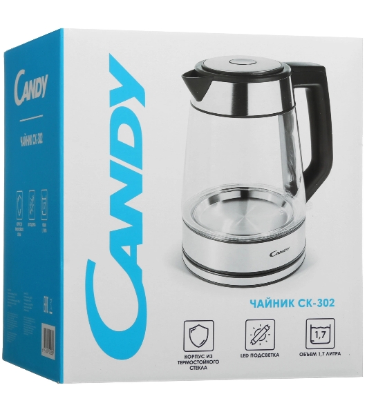 Электрочайник Candy CK-302 серебристый, 1.8 л, 2200 Вт, скрытый нагревательный элемент