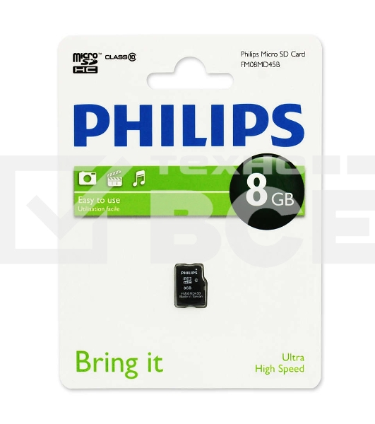 Флеш карта microSD 8GB PHILIPS microSDHC Class 10