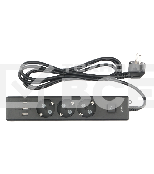 Бытовой удлинитель PowerCube, 3р с/з вык.,3USB, 3500 Вт, 16А, 1.9 м, 3*1,0 (черный) PC-6B-2M