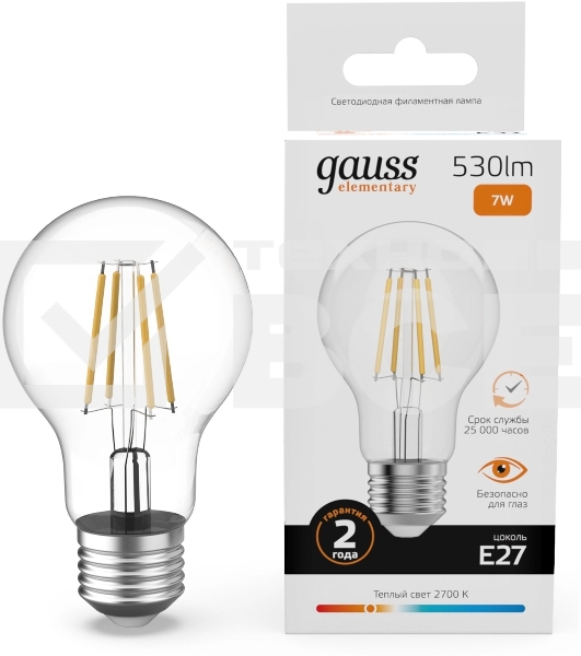 Лампа филам. Gauss Filament 7Вт цок.:E27 груша св.свеч.бел.теп. (упак.:10шт) (22217)