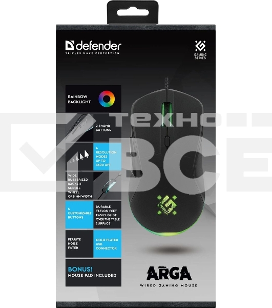 Мышь проводная Defender Arga GM-049 черный, 3600 dpi, USB, кнопки - 6