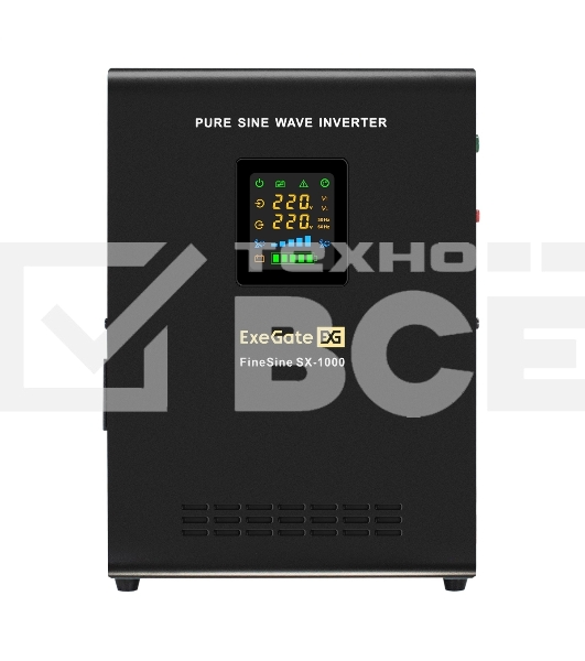 Комплект ИБП EX295997RUS + батарея 100Aч EX285656RUS 1шт (инвертор, синус, для котла, настенный) ExeGate FineSine SX-1000.LCD.AVR.2SH <1000VA/600W, чистая синусоида, цветной LCD-дисплей, AVR, 2*Schuko, линейно-интерактивный, крепление настенное/универсаль