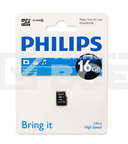 Флеш карта microSD 16GB PHILIPS microSDHC Class 10