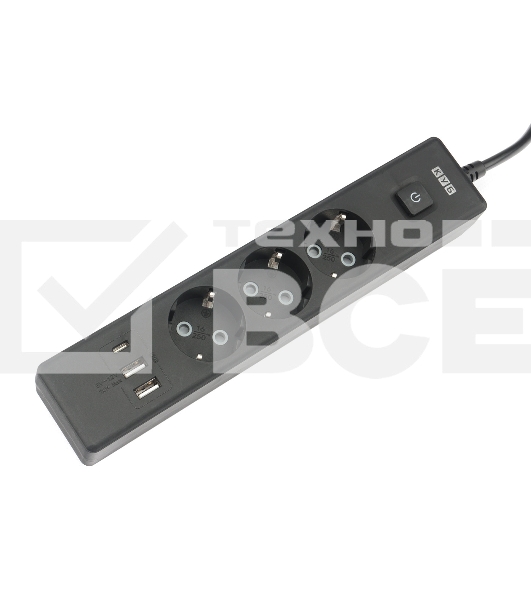 Бытовой удлинитель PowerCube, 3р с/з вык.,3USB, 3500 Вт, 16А, 1.9 м, 3*1,0 (черный) PC-6B-2M