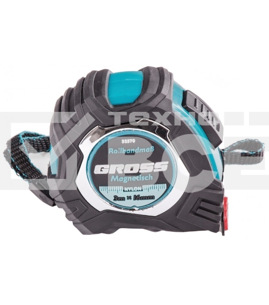 Рулетка Gross Magnetisch, 3 м х 16мм, обрезин. корпус, автоматич. фиксация, нейлон. покр., магн. зацеп