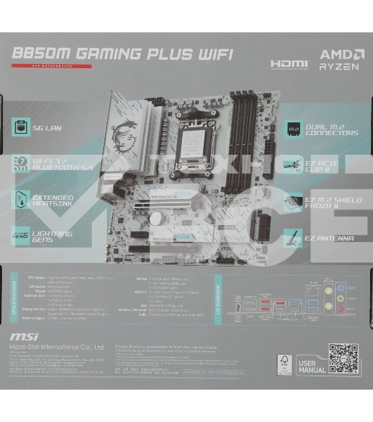 Материнская плата MSI B850M GAMING PLUS WIFI, AM5, AMD B850, 4xDDR5, 4xSATA, 2xM.2, 1xPCIe 5.0 x16, 1xPCIe 4.0 x4, 1xPCIe 3.0 x1, 1xDP, 1xHDMI, 1x5Gb LAN, Wi-Fi 7, Bluetooth 5.4, 3xUSB-C 10Gbps, 3xUSB-A 10Gbps, 3xUSB-A 5Gbps, 3x3.5 мм, 7.1, mATX