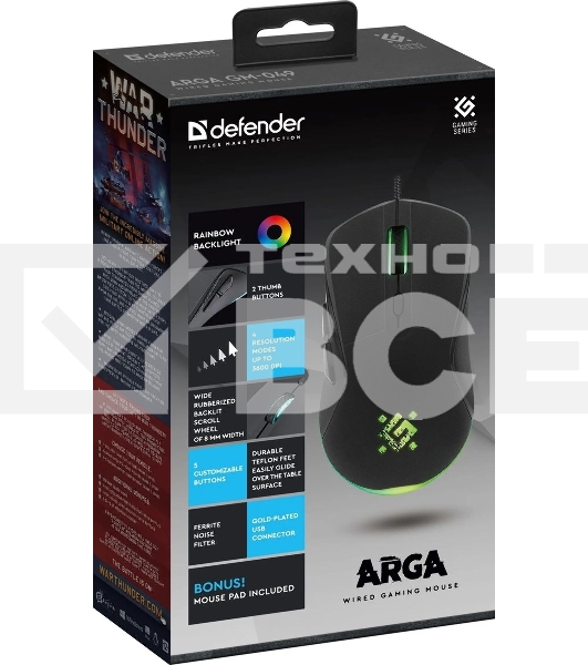 Мышь проводная Defender Arga GM-049 черный, 3600 dpi, USB, кнопки - 6