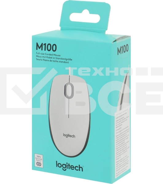 Мышь проводная Logitech M100 белый, 1000 dpi, USB, кнопки - 3