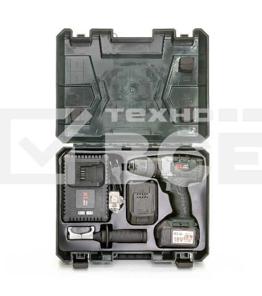 Профессиональный ударный бесщеточный шуруповерт Klpro KLDM18B-50 (18В, Li-ion-2шт, 5.0А·ч, 60Нм, ручка, З/У-4А,в кейсе)