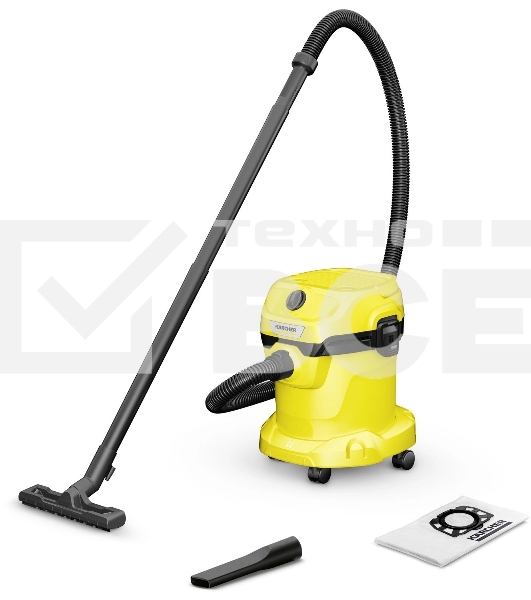 Строительный пылесос Karcher WD 2 V-15/4/18 желтый, 180/1000 Вт, уборка сухая/влажная, пылесборник мешок/контейнер, 15 л