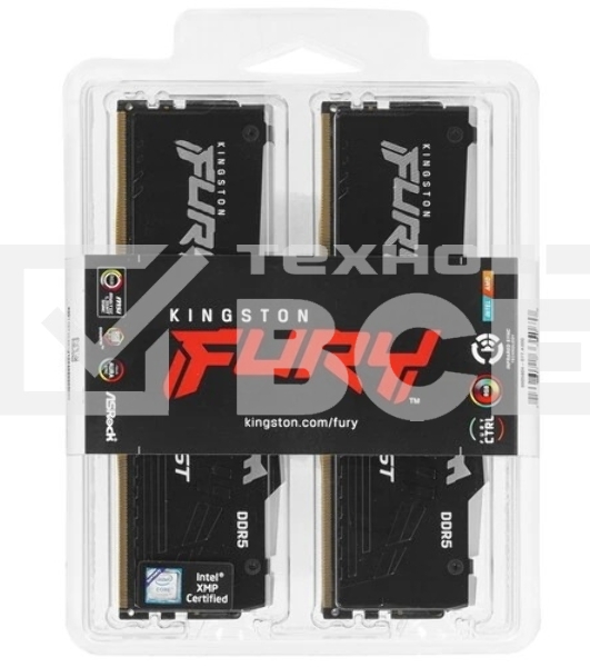Оперативная память Kingston Fury Beast Black, DDR5, 128GB (4x32GB), 5600MHz, CL40, DIMM, радиатор, RGB, чёрный