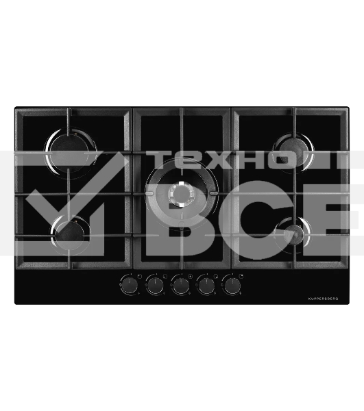 Газовая варочная панель Kuppersberg FG 95 B, закаленное стекло, ширина 90 см, 5 газовых конфорок, WOK конфорка(4,2 кВт), автоподжиг, газ-контроль, чугунные решетки, черный
