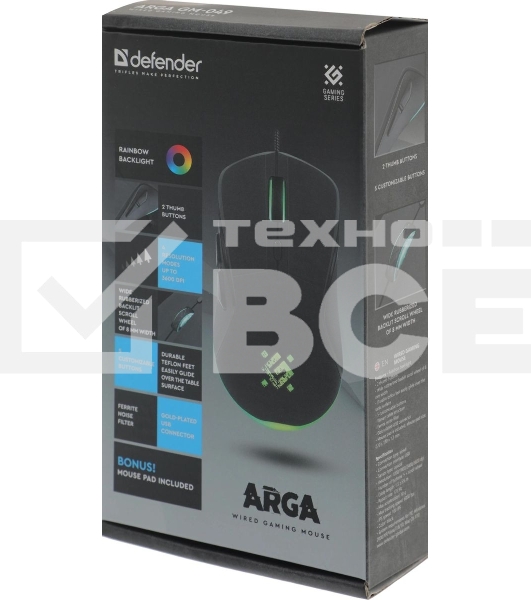 Мышь проводная Defender Arga GM-049 черный, 3600 dpi, USB, кнопки - 6
