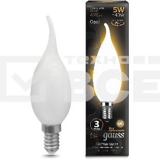 Лампа филам. Gauss Filament 5Вт цок.:E14 свеча 220B св.свеч.бел.теп. (упак.:10шт) (104201105)