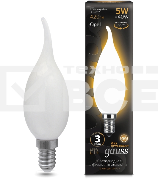 Лампа филам. Gauss Filament 5Вт цок.:E14 свеча 220B св.свеч.бел.теп. (упак.:10шт) (104201105)