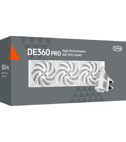 Система охлаждения Water Cooling System PCCooler DE360 Pro WH (300W, 360мм, White, ARGB Pump, Fans: 3x120мм, 86.73CFM, 32dBA, 2200RPM/Pump height 57мм, 28dBA, 3200RPM, Rad thickness 27мм/S: 1851, 1700, 1200, 115X, AM5, AM4, AM3)