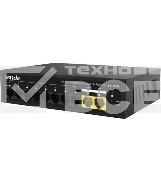 Коммутатор неуправляемый Tenda S110GPC PoE, 10 портов, 8x100 Мбит/с, 2х1 Гбит/с, PoE 8х30 Вт (до 80 Вт), настольный
