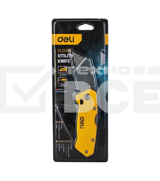 Строительный складной нож с Т-образным лезвием Deli DL006Z в комплекте 6 лезвий, сталь SK2, рукоятка из цинкового сплава