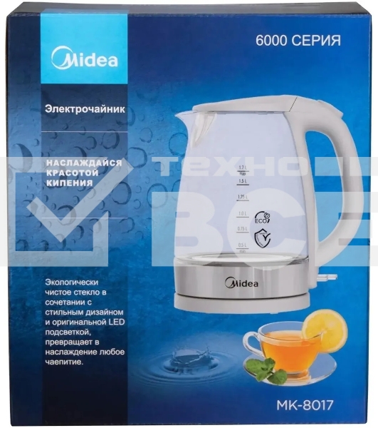 Чайник электрический Midea MK-8017 2200 Вт, 1.5 л, белый