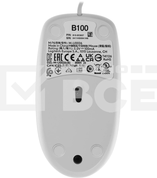 Мышь проводная Logitech B100 белый, 1000 dpi, USB, кнопки - 3